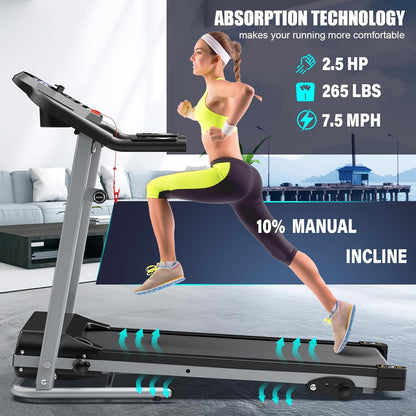 Compact Folding Treadmill for Home - 2.5HP Quiet Brushless Motor, 3-Level Incline, 7.5 MPH, Shock Absorption, Space-Saving Design for Running, Walking - Treadmill for Small Spaces & Home Use