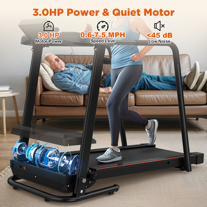 Walking Treadmill for Senior with Long Handrail, 300 lbs Capacity, 3 HP Quiet Motor, Recovery Fitness Exercise Machine Foldable Elderly Treadmills for Home with LCD Display, Holder for Phone & Cup