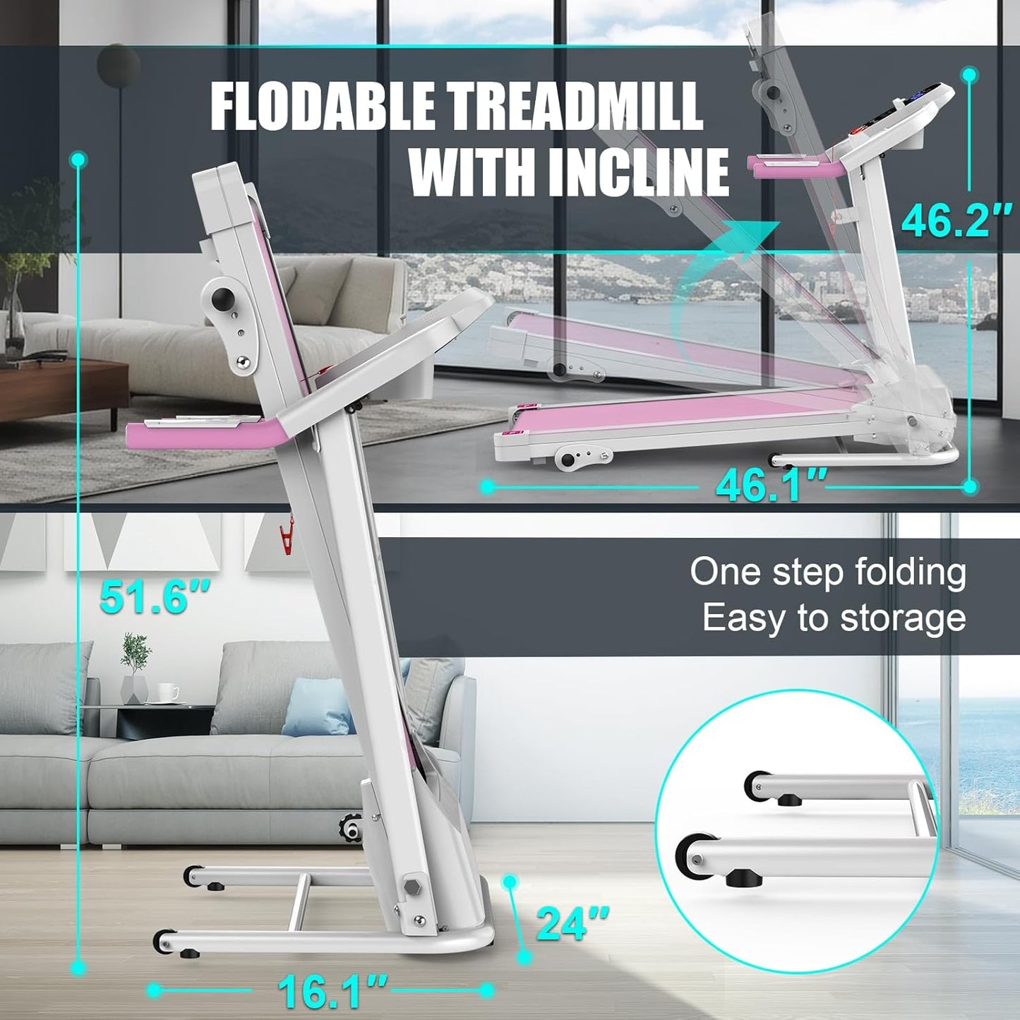 Compact Folding Treadmill for Home - 2.5HP Quiet Brushless Motor, 3-Level Incline, 7.5 MPH, Shock Absorption, Space-Saving Design for Running, Walking - Treadmill for Small Spaces & Home Use