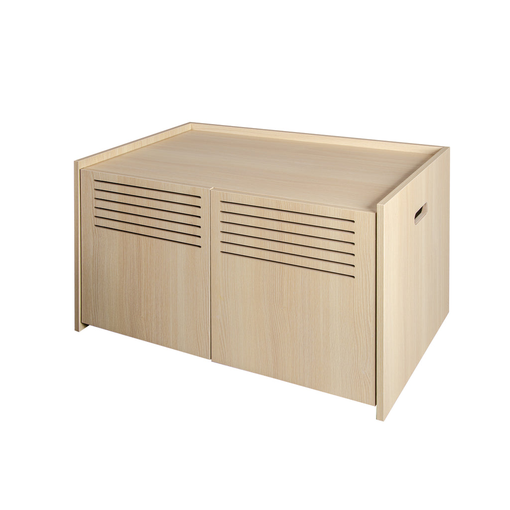 Litter Box Enclosure with Double Doors and Interior Grated Entry Platform, Hidden Cat Washroom Furniture, Beige Brown