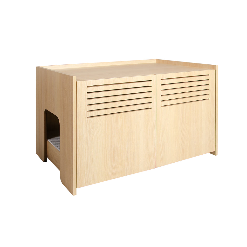 Litter Box Enclosure with Double Doors and Interior Grated Entry Platform, Hidden Cat Washroom Furniture, Beige Brown