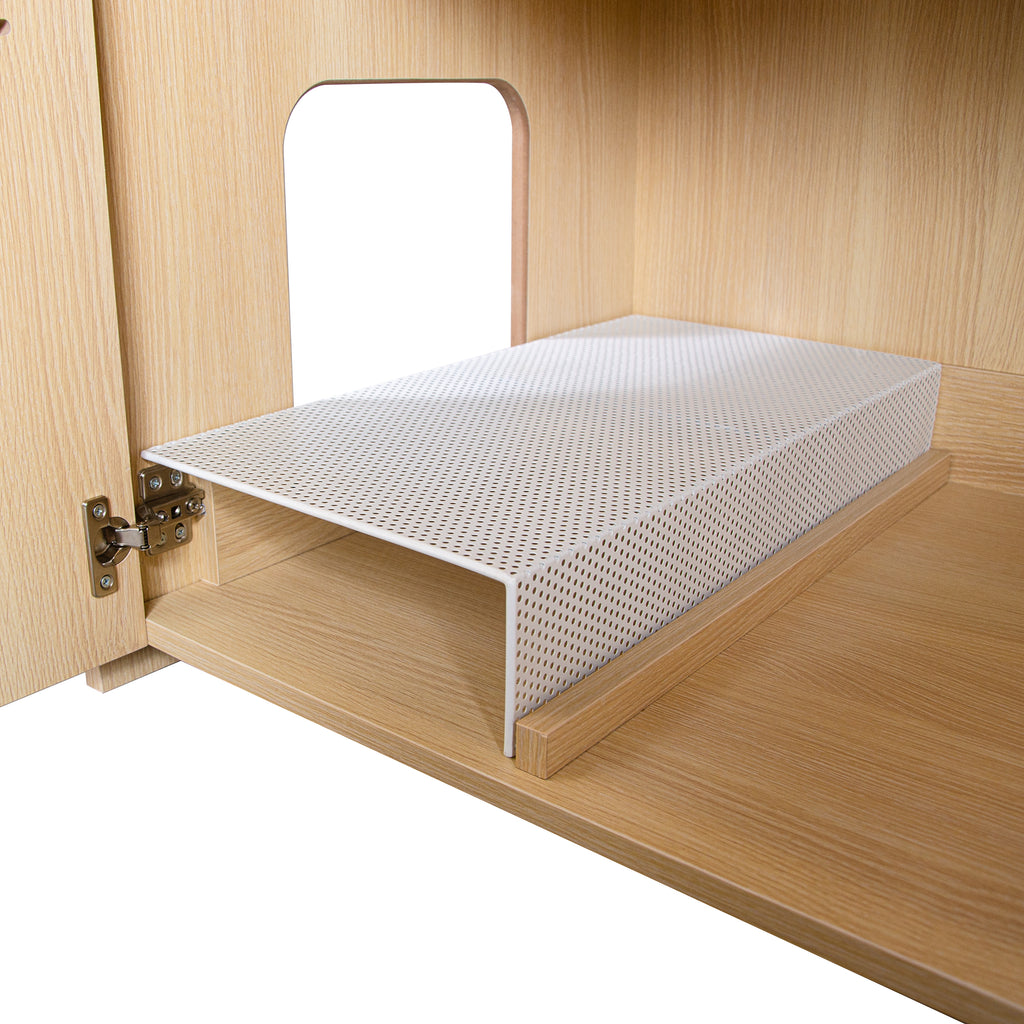 Litter Box Enclosure with Double Doors and Interior Grated Entry Platform, Hidden Cat Washroom Furniture, Beige Brown