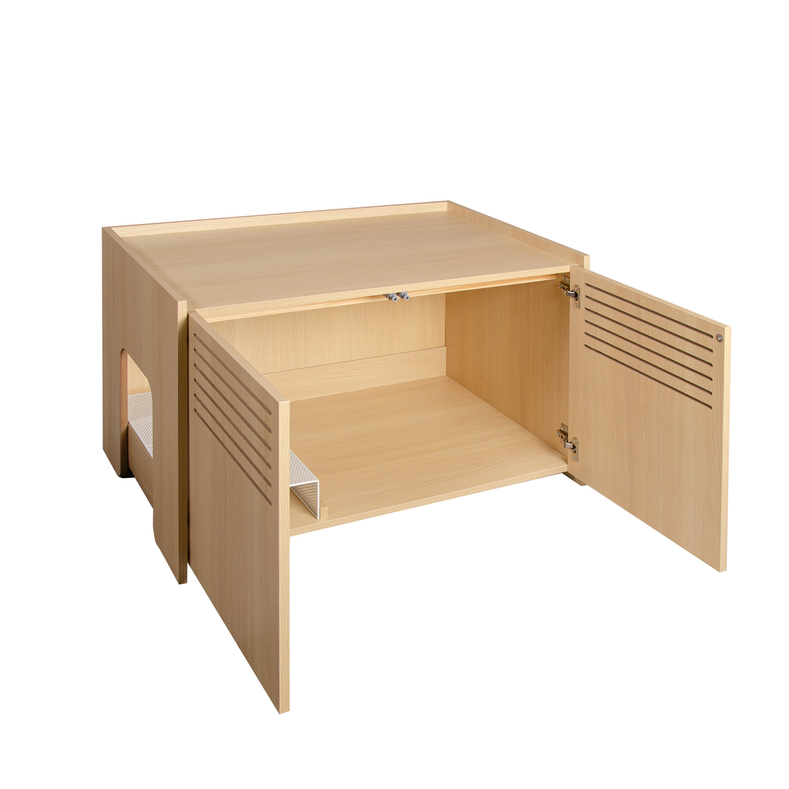 Litter Box Enclosure with Double Doors and Interior Grated Entry Platform, Hidden Cat Washroom Furniture, Beige Brown