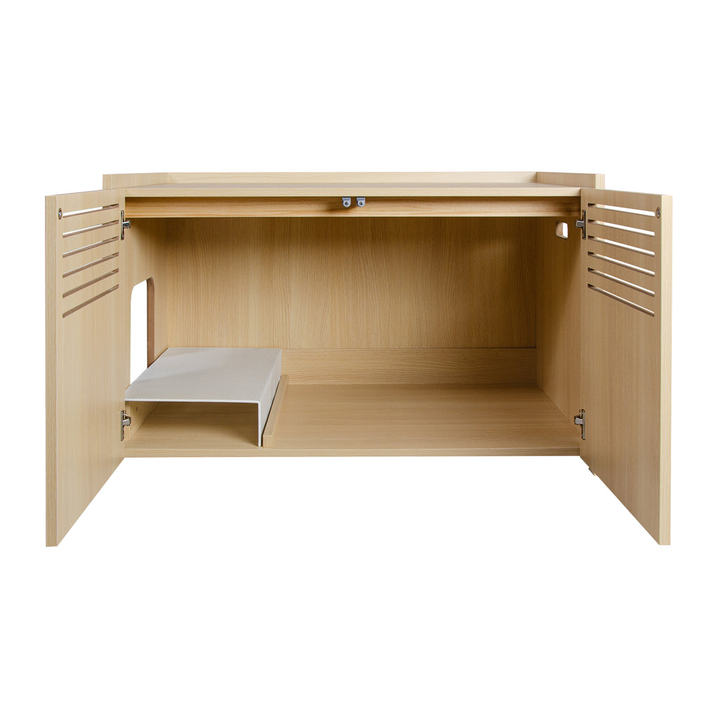 Litter Box Enclosure with Double Doors and Interior Grated Entry Platform, Hidden Cat Washroom Furniture, Beige Brown