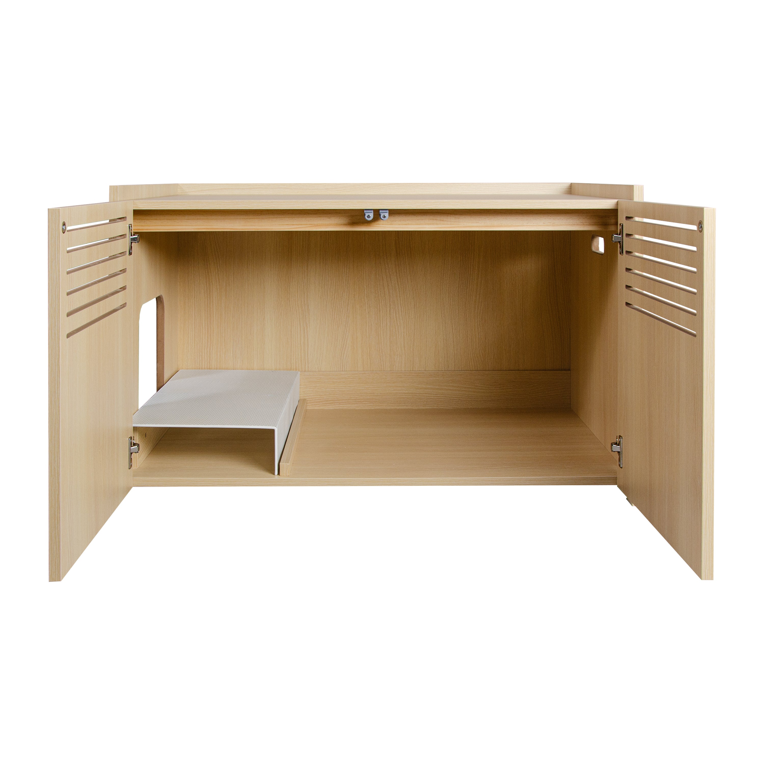 Litter Box Enclosure with Double Doors and Interior Grated Entry Platform, Hidden Cat Washroom Furniture, Beige Brown