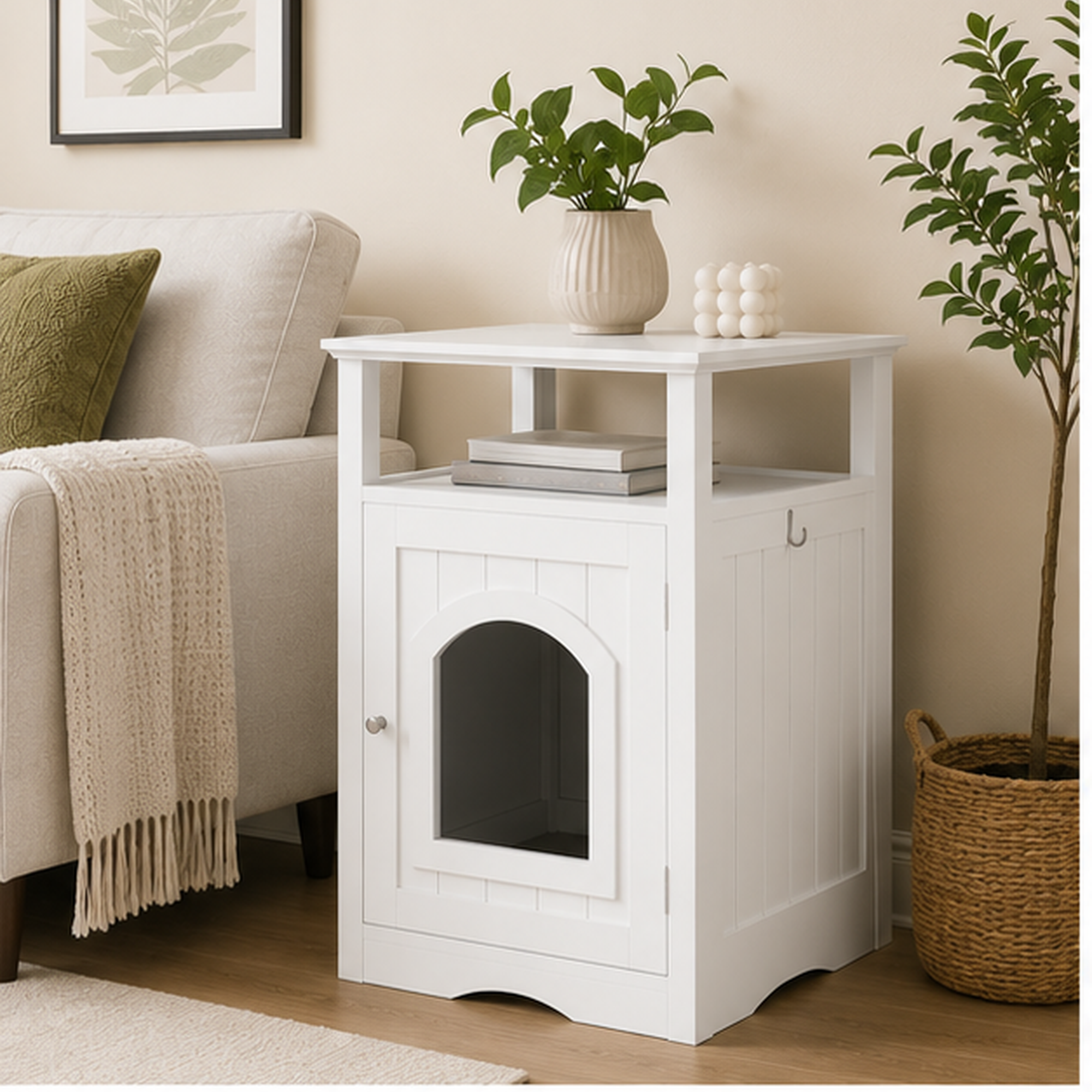 Litter Box Enclosure with Open Storage Shelf and Side Hook, Hidden Cat Litter Box Side Table, White