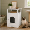 Litter Box Enclosure with Open Storage Shelf and Side Hook, Hidden Cat Litter Box Side Table, White