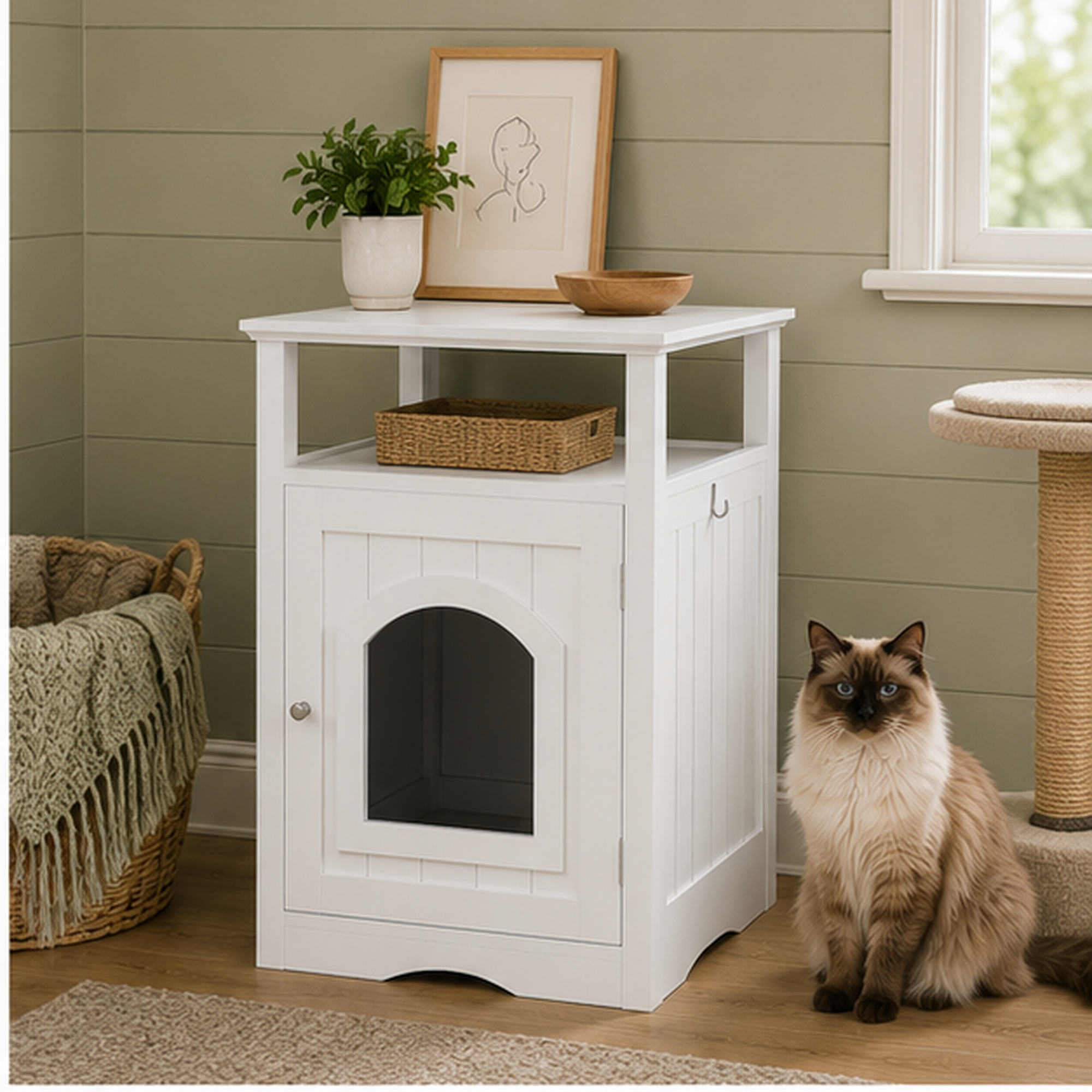 Litter Box Enclosure with Open Storage Shelf and Side Hook, Hidden Cat Litter Box Side Table, White