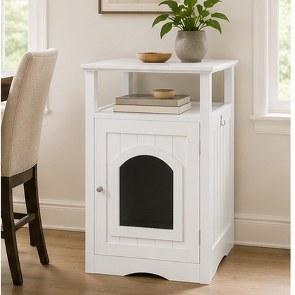 Litter Box Enclosure with Open Storage Shelf and Side Hook, Hidden Cat Litter Box Side Table, White