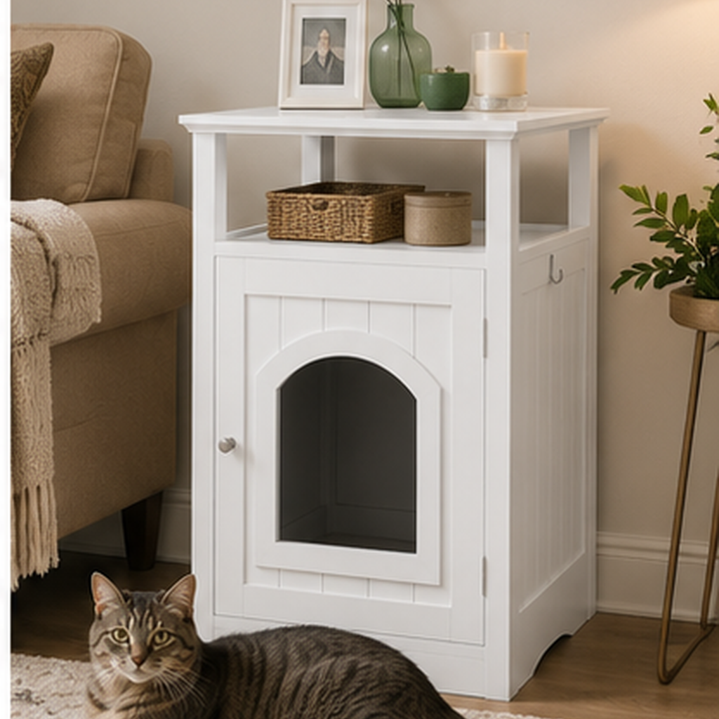 Litter Box Enclosure with Open Storage Shelf and Side Hook, Hidden Cat Litter Box Side Table, White