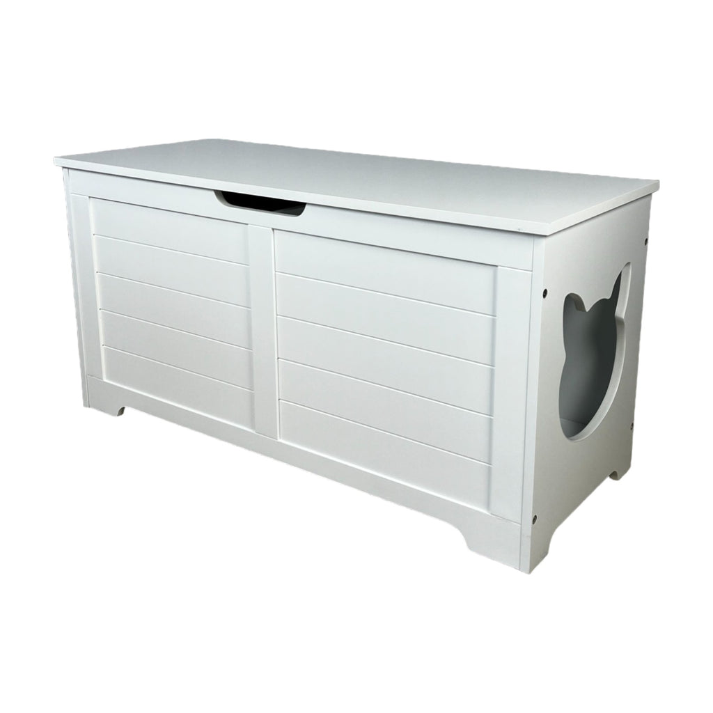 Litter Box Enclosure with Lift-Top Access and Interior Divider, Cat Washroom Furniture, Cream White