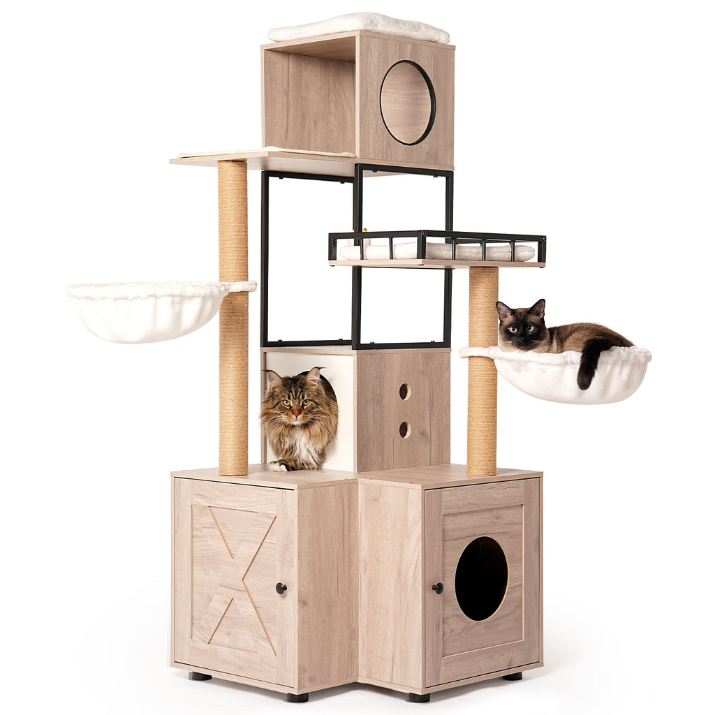 Cat Tree with Litter Box Enclosure, 63" Multi-Level Cat Furniture with Dual Condos, Hammocks and Scratching Posts, Natural / White