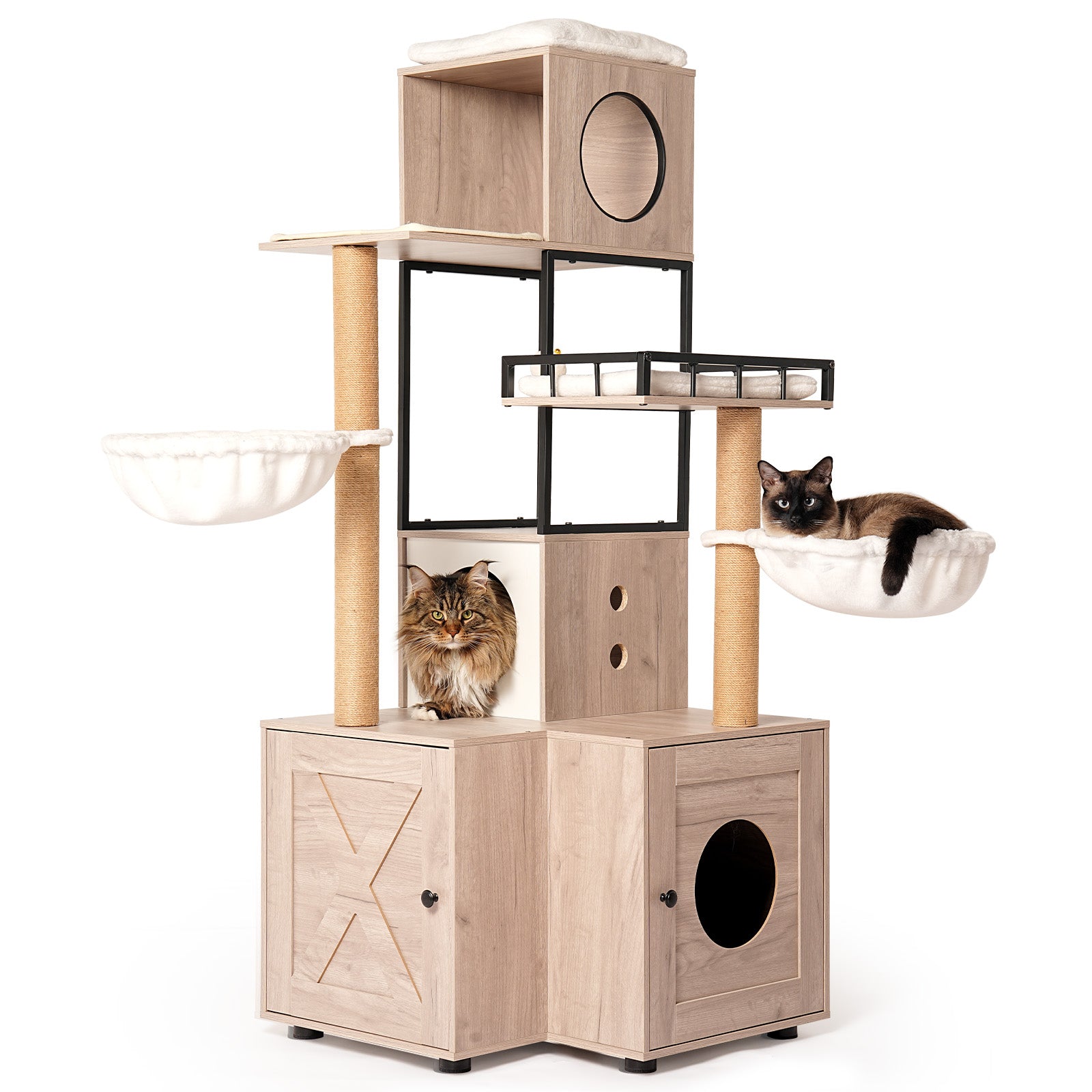 Cat Tree with Litter Box Enclosure, 63" Multi-Level Cat Furniture with Dual Condos, Hammocks and Scratching Posts, Natural / White
