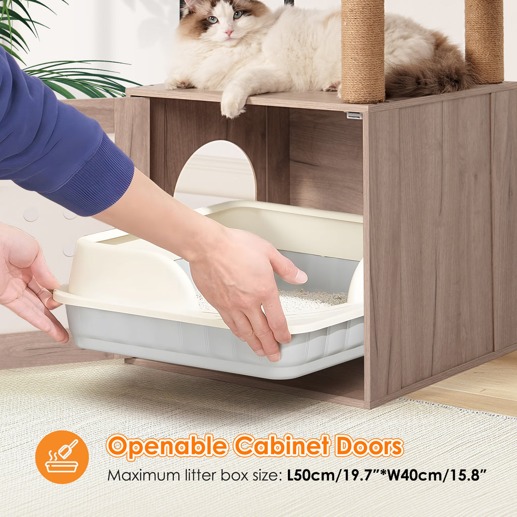 Cat Tree with Litter Box Enclosure, Multi-Level Cat Furniture with Scratching Posts, Cat Condo and Feeding Station, Natural / White