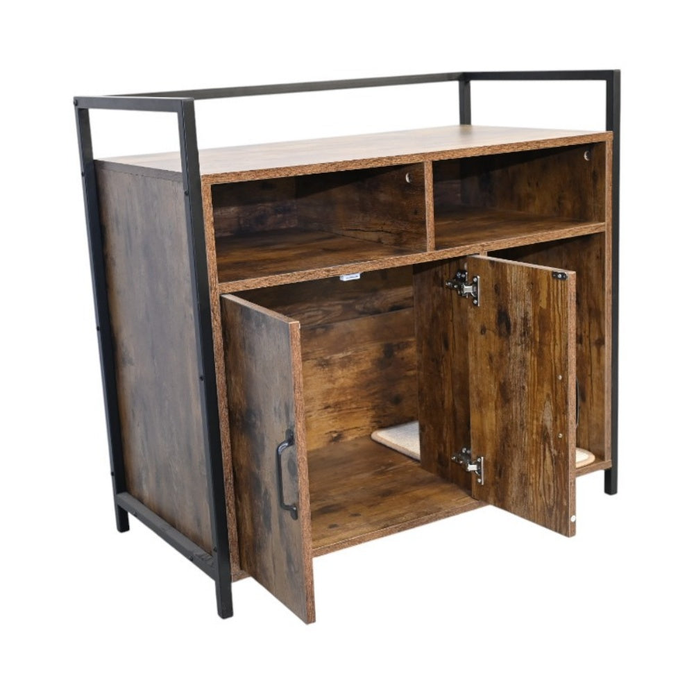 Litter Box Enclosure with Open Storage Shelves and Built-In Scratching Mat, Metal Frame, Rustic Brown