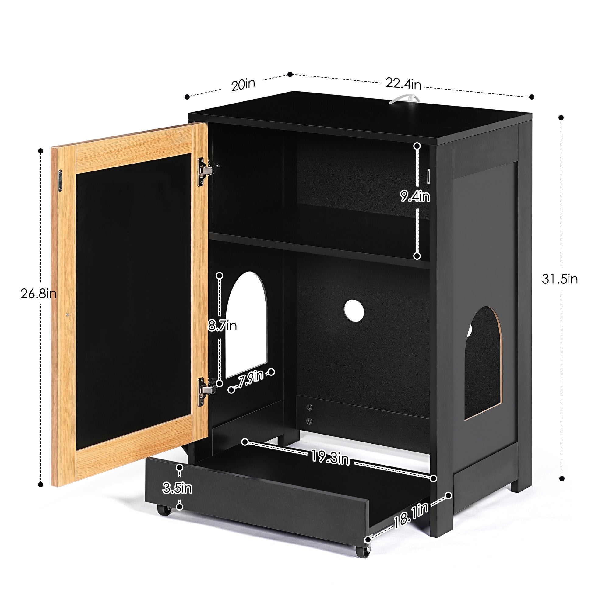 Litter Box Enclosure with Sisal Scratching Door, Pull-Out Litter Tray and Upper Storage Shelf, Black