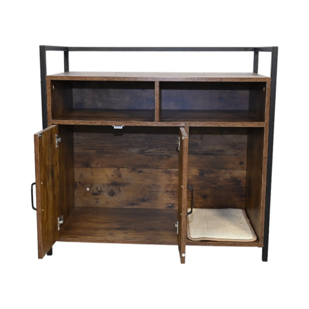 Litter Box Enclosure with Open Storage Shelves and Built-In Scratching Mat, Metal Frame, Rustic Brown