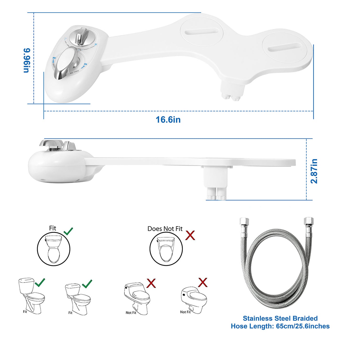 2-Mode Bidet for Toilet, Bidet Wash & Gentle Female Wash Nozzles (Ideal for Pregnant Women), Self-Cleaning Retractable Nozzle, Easy Installation on Standard 2-Piece Toilets