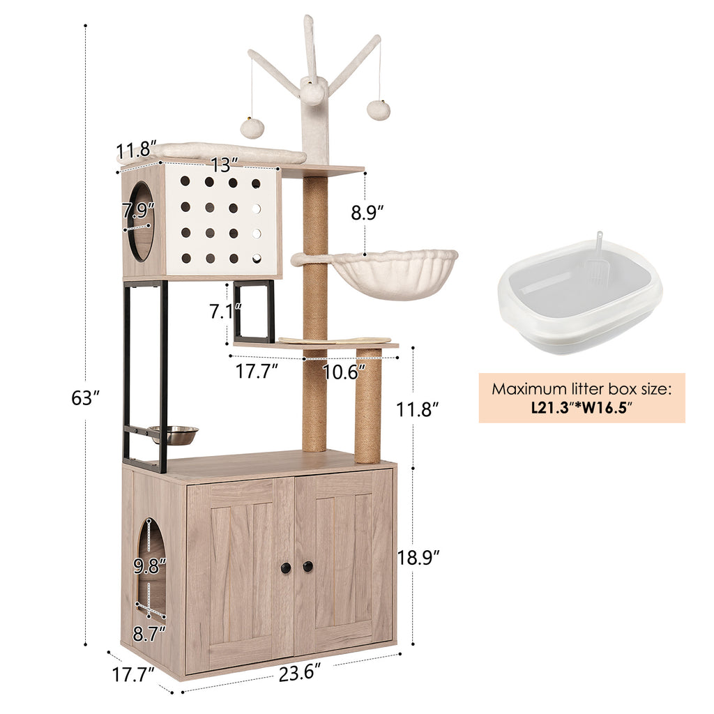 Cat Tree with Litter Box Enclosure, Multi-Level Cat Furniture with Condo, Hammock and Sisal Scratching Posts, Natural / White