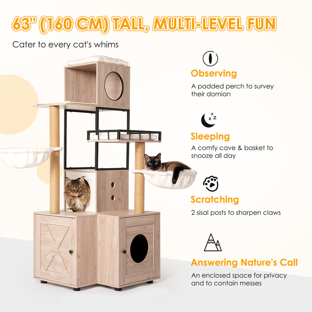Cat Tree with Litter Box Enclosure, 63" Multi-Level Cat Furniture with Dual Condos, Hammocks and Scratching Posts, Natural / White