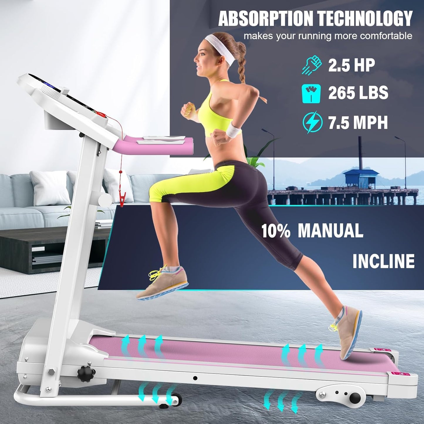 Compact Folding Treadmill for Home - 2.5HP Quiet Brushless Motor, 3-Level Incline, 7.5 MPH, Shock Absorption, Space-Saving Design for Running, Walking - Treadmill for Small Spaces & Home Use