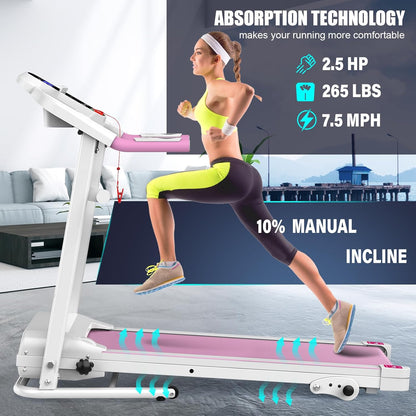 Compact Folding Treadmill for Home - 2.5HP Quiet Brushless Motor, 3-Level Incline, 7.5 MPH, Shock Absorption, Space-Saving Design for Running, Walking - Treadmill for Small Spaces & Home Use