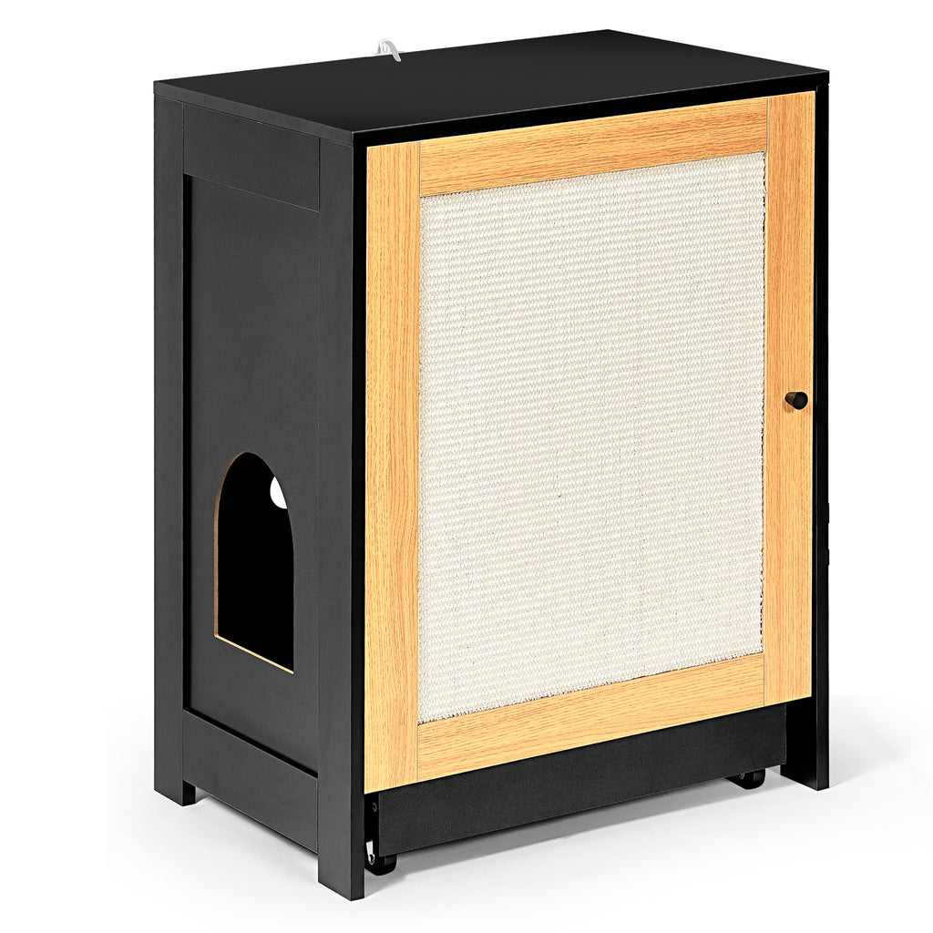 Litter Box Enclosure with Sisal Scratching Door, Pull-Out Litter Tray and Upper Storage Shelf, Black