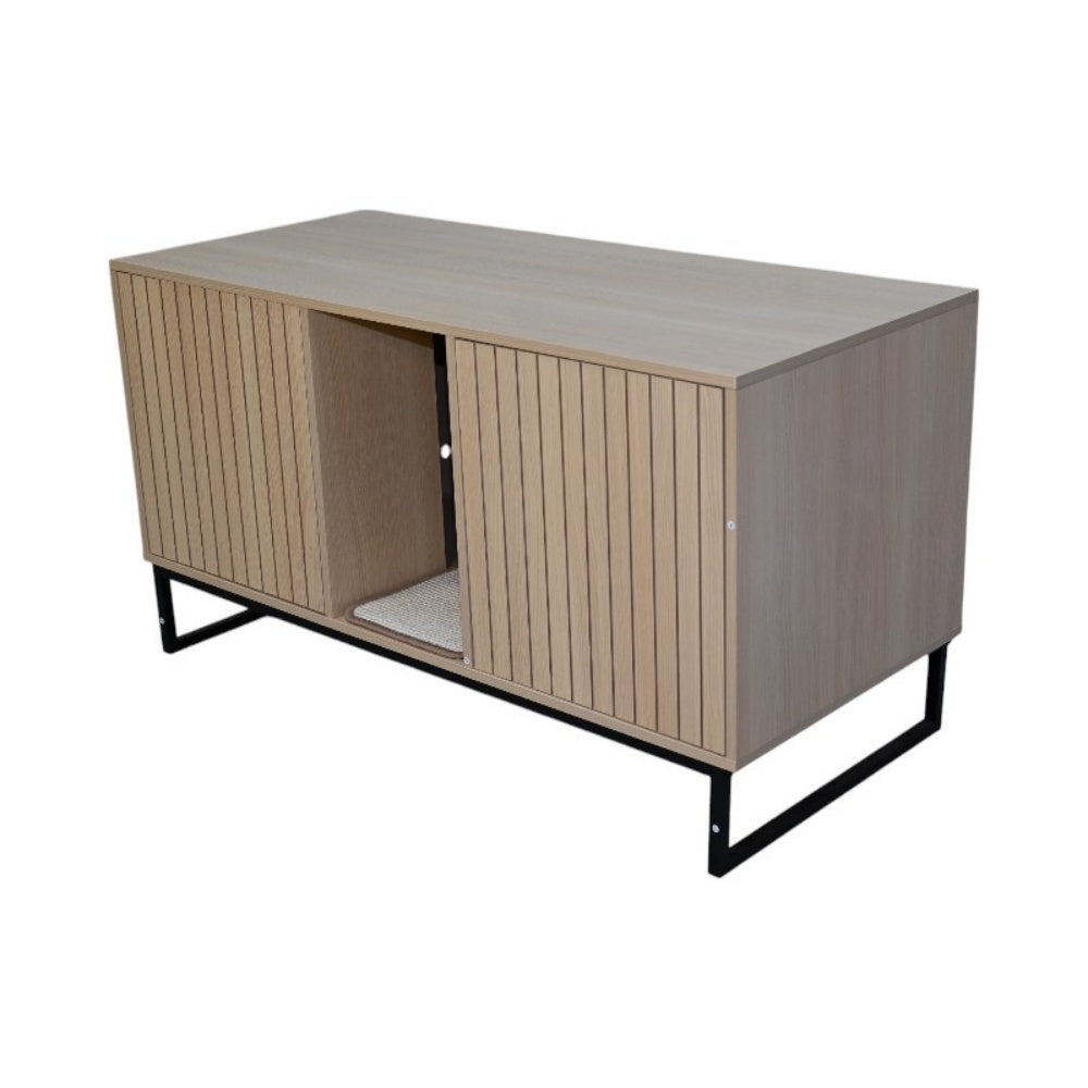 Litter Box Enclosure with Double Doors, Center Cat Entry and Scratching Mat on Metal Base, Light Brown