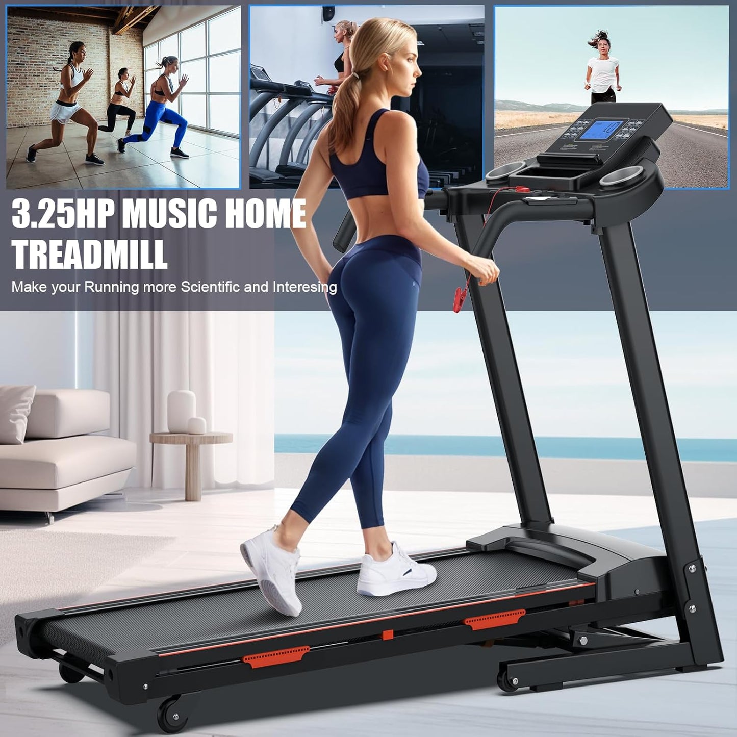 Auto Incline Treadmills for Home- foldble Treadmill 300 lb Capacity 3.25HP Folding Electric Treadmill Max 8.5 MPH Speed Running Machine with Wide Running Area Bluetooth Speaker for Home/Office Use