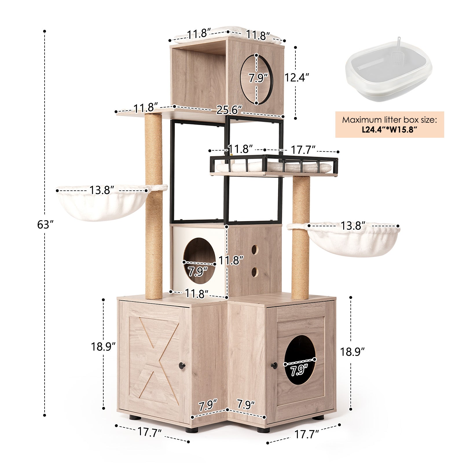 Cat Tree with Litter Box Enclosure, 63" Multi-Level Cat Furniture with Dual Condos, Hammocks and Scratching Posts, Natural / White