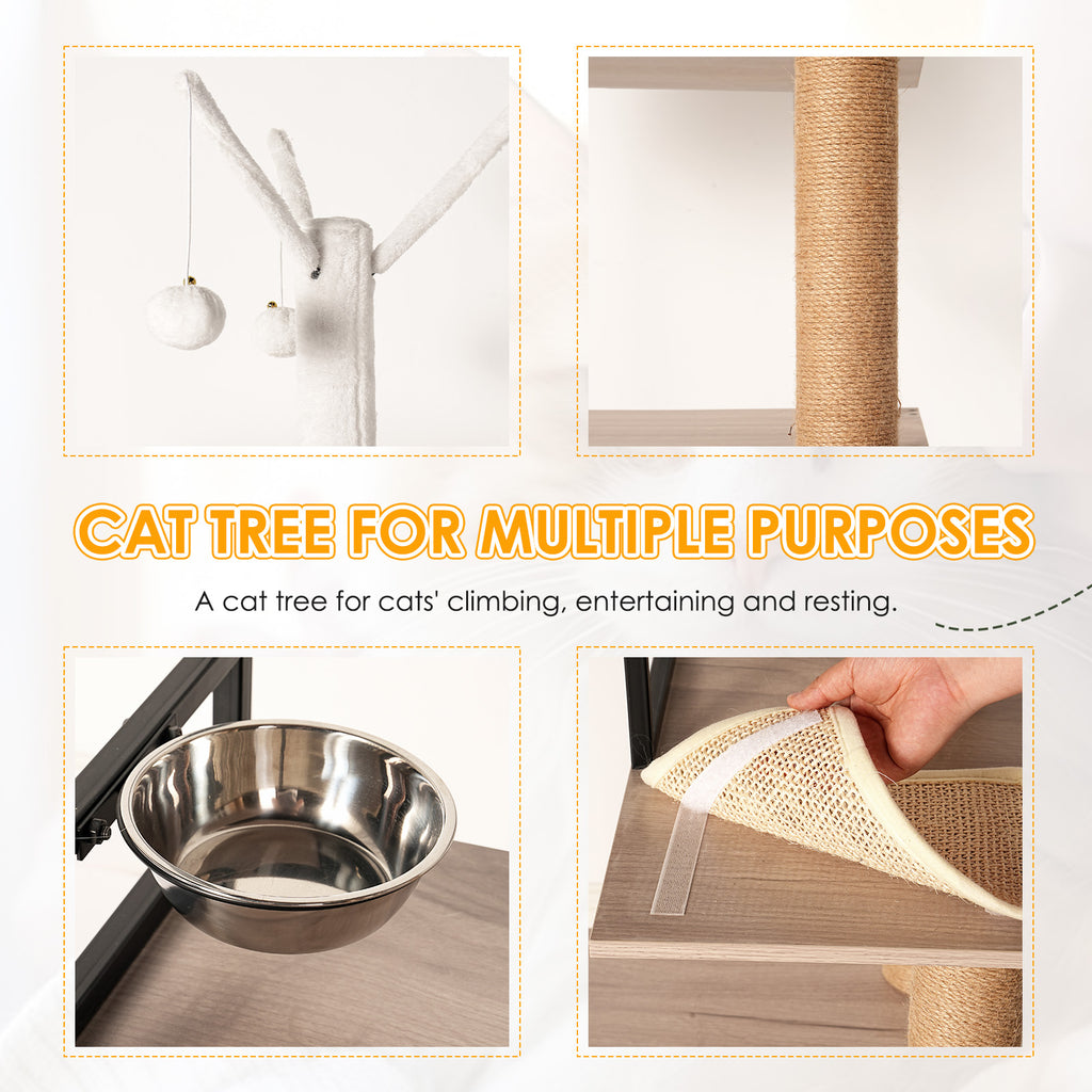 Cat Tree with Litter Box Enclosure, Multi-Level Cat Furniture with Condo, Hammock and Sisal Scratching Posts, Natural / White