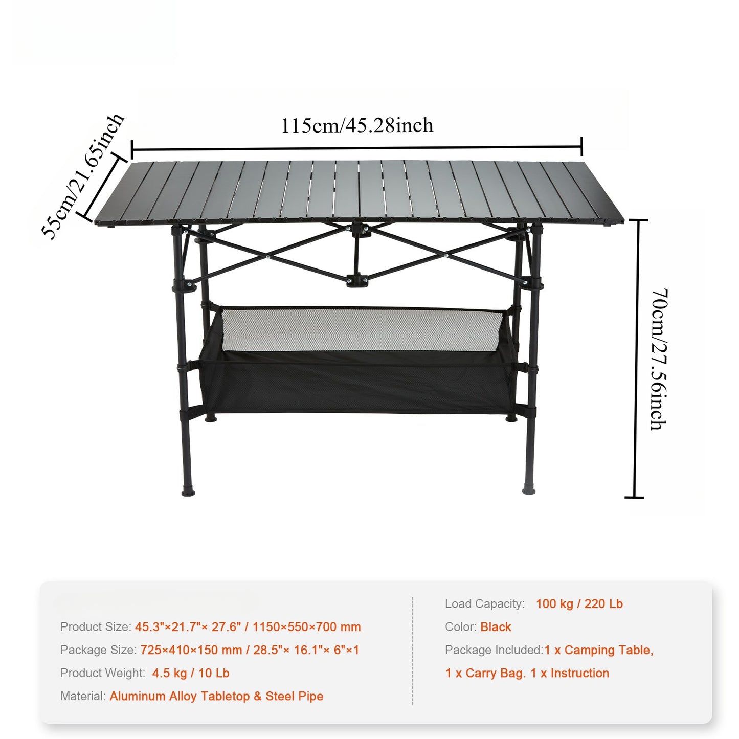120×70×55 CM Portable Outdoor Folding Picnic Table, Lightweight Aluminum Roll-Up Camping Table with Carry Bag for Camping, Beach, Backyard, BBQ, Party, Patio, and Picnic