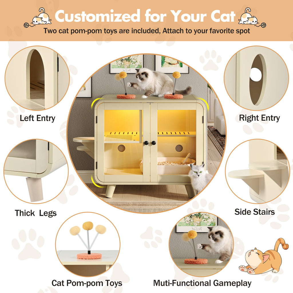 Litter Box Enclosure with RGB Lighting, Glass Doors, Interior Walkway and Cat Steps
