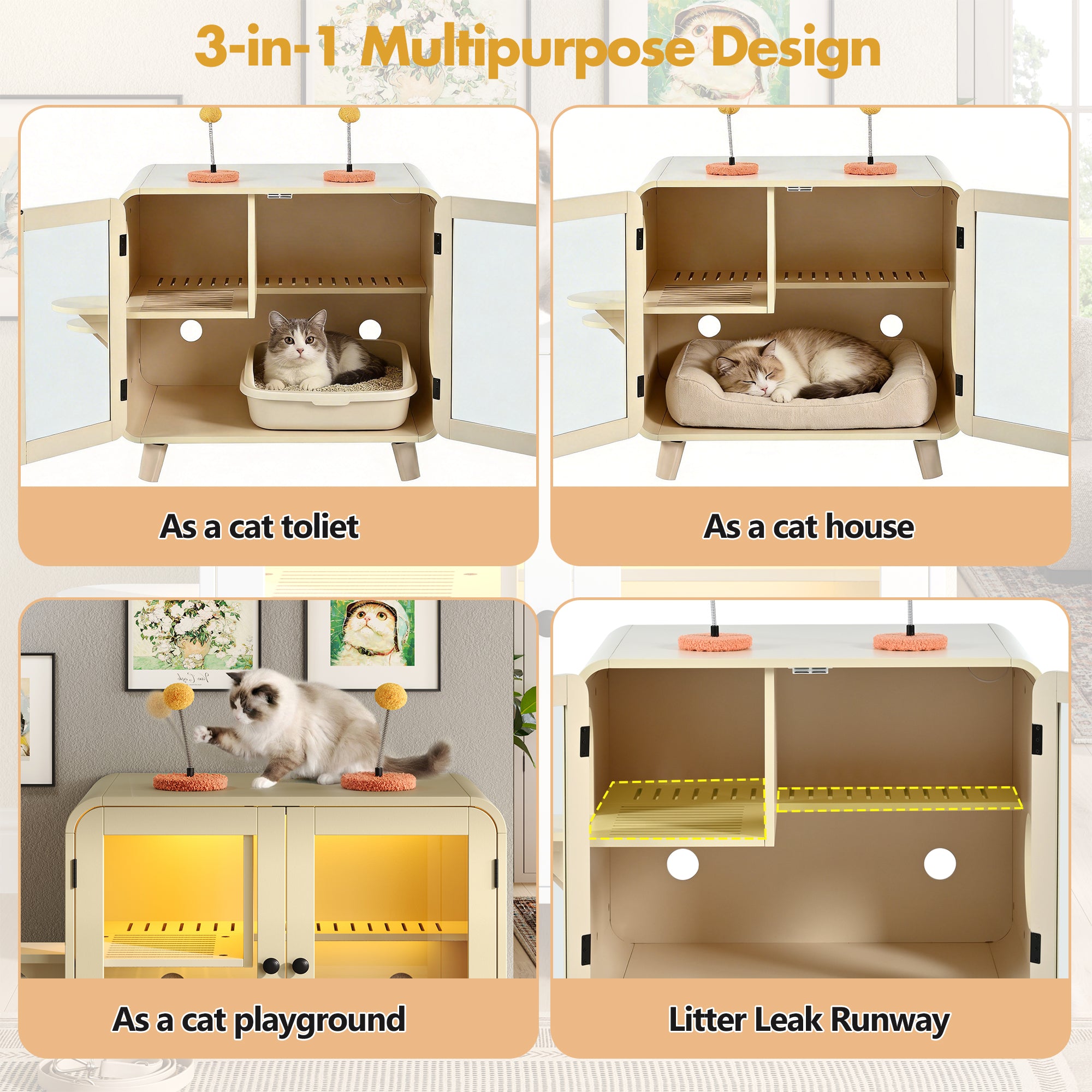 Litter Box Enclosure with RGB Lighting, Glass Doors, Interior Walkway and Cat Steps