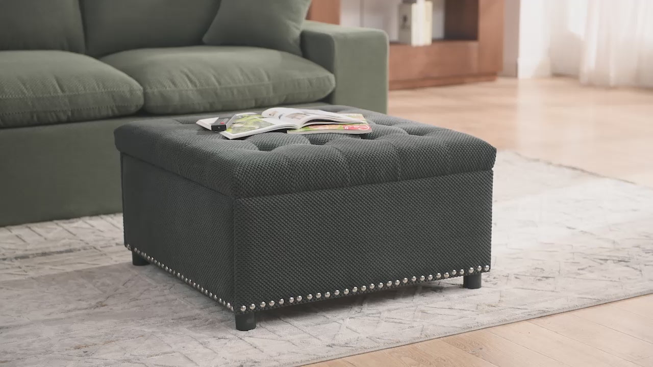30" Square Tufted Storage Ottoman with Nailhead Trim, Upholstered Cocktail Ottoman with Hidden Storage