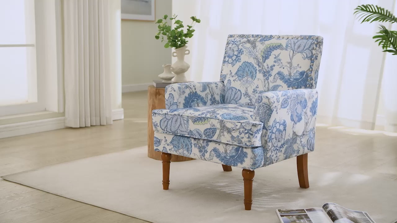 27" Wide Floral Upholstered Accent Chair with Nailhead Trim, Contemporary Botanical Armchair with Wood Turned Legs