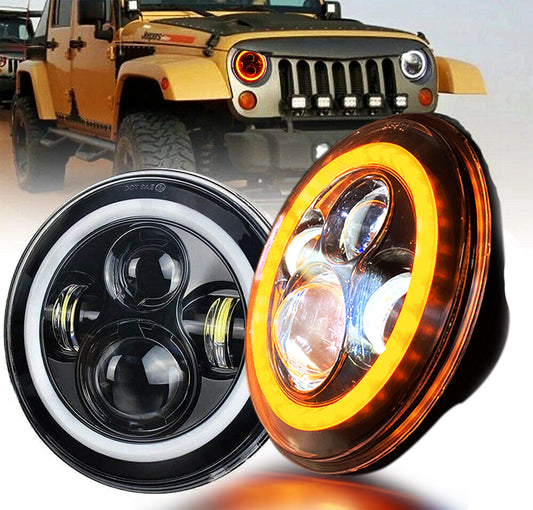 7 inches Round LED Headlights with Halo Turn Signal Hi/Low Beam White Amber Blue DRL Offroad Headlamp